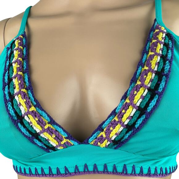 New Isabella Rose Blue Crochet Trim Removable Cups Split Strap Bikini Top L - Picture 2 of 6